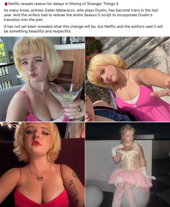 A Facebook post claiming Gaten Matarazzo is trans but including four images of actor Milly Shapiro.