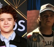 Gaten Matarazzo arrives on the red carpet and a still of him as Dustin in Stranger Things