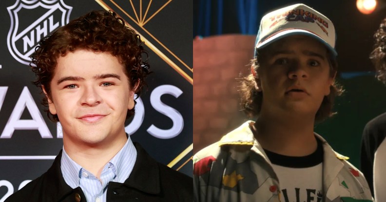 Gaten Matarazzo arrives on the red carpet and a still of him as Dustin in Stranger Things