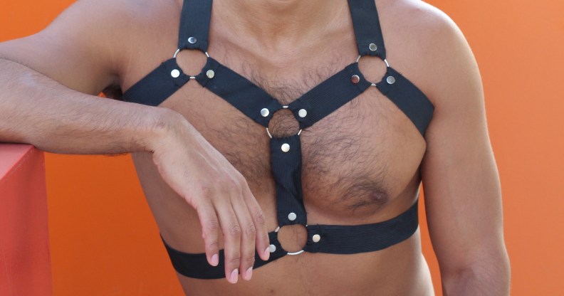 Man with leather harness outfit.