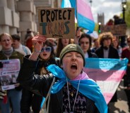 LONDON, ENGLAND - APRIL 20: Trans rights activists take part in a protest against the ban on hormone blockers on April 20, 2024 in London, England. After Dr Hilary Cass delivered her report on NHS gender identity services for children and young people, analysis found most research underpinning clinical guidelines, hormone treatments and puberty blockers to be low quality and the treatments for gender dysphoria have been suspended. The Trans community are protesting against this ban. (Photo by Carl Court/Getty Images)