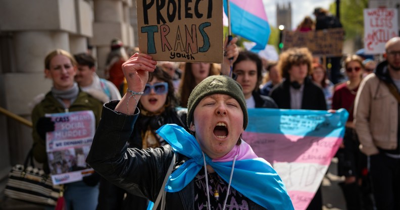 LONDON, ENGLAND - APRIL 20: Trans rights activists take part in a protest against the ban on hormone blockers on April 20, 2024 in London, England. After Dr Hilary Cass delivered her report on NHS gender identity services for children and young people, analysis found most research underpinning clinical guidelines, hormone treatments and puberty blockers to be low quality and the treatments for gender dysphoria have been suspended. The Trans community are protesting against this ban. (Photo by Carl Court/Getty Images)