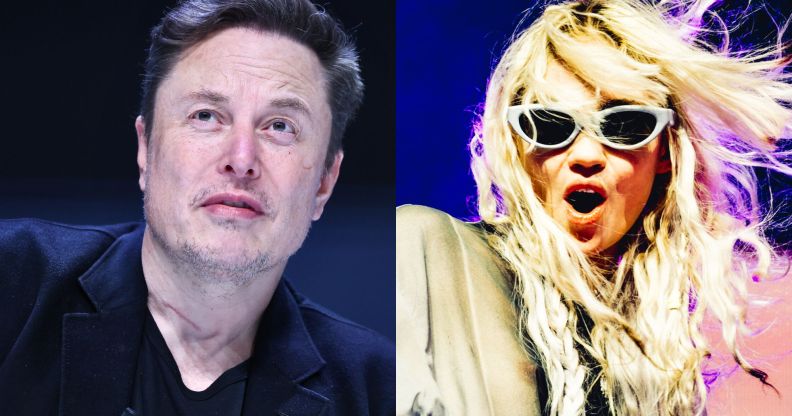 A split image of Elon Musk and Grimes.