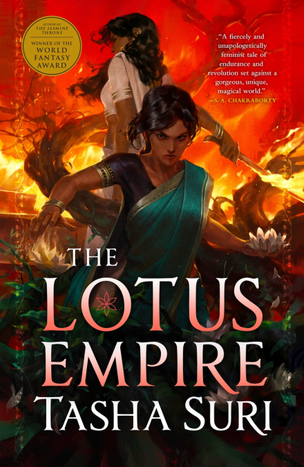 The Lotus Empire book cover; two women surrounded by fire and lotus leaves.