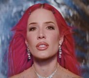 Halsey in a pink wig in a still from her new single Lucky.