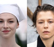 Hunter Schafer wearing a white hat over her hair and Emma D’Arcy wearing a black and white suit at a premiere.