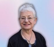 Author Jacqueline Wilson against a pink and blue background.