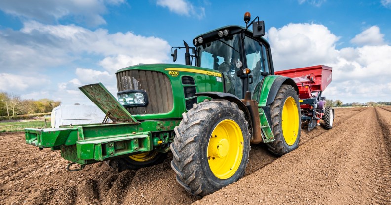 Mechanised planting of seed potatoes using a dewulf 3 row belt planter behind a John Deere tractor.