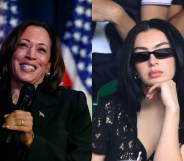 US Vice President Kamala Harris during a speech, smiling and with the American flag in the background. Charli XCX at a tennis match wearing sunglasses and reasting her head on her hand.