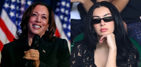US Vice President Kamala Harris during a speech, smiling and with the American flag in the background. Charli XCX at a tennis match wearing sunglasses and reasting her head on her hand.