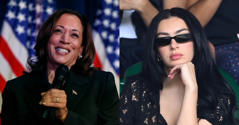 US Vice President Kamala Harris during a speech, smiling and with the American flag in the background. Charli XCX at a tennis match wearing sunglasses and reasting her head on her hand.