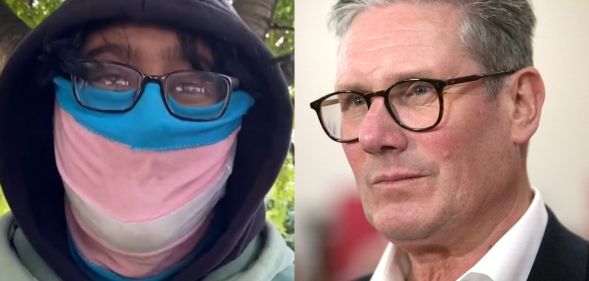 A split image of a person wearing a trans face mask and Keir Starmer.