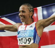 (AUSTRALIA OUT) British runner Kelly Holmes after winning the 2004 Athens Olympic Games Womens 1500m race on 28 August 2004. SMH OLYMPICS Picture by TIM CLAYTON. (Photo by Fairfax Media via Getty Images/Fairfax Media via Getty Images via Getty Images)