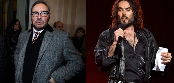 image of Kevin Spacey in a grey coat and suit looking off camera and Russell Brand performing stand up with paper in his hand and holding a mic.