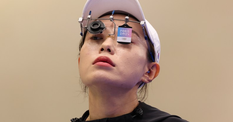 CHATEAUROUX, FRANCE - JULY 28: Kim Yeji of Team Republic of Korea prepares to shoot during the Women's 10m Air Pistol Final on day two of the Olympic Games Paris 2024 at Chateauroux Shooting Centre on July 28, 2024 in Chateauroux, France. (Photo by Charles McQuillan/Getty Images)