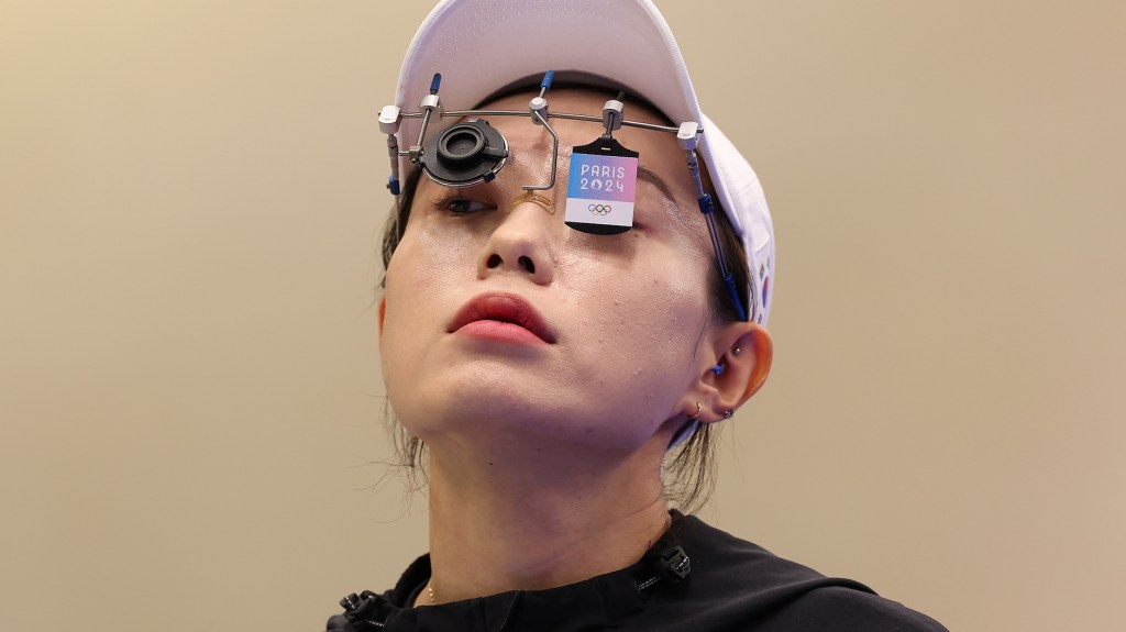 CHATEAUROUX, FRANCE - JULY 28: Kim Yeji of Team Republic of Korea prepares to shoot during the Women's 10m Air Pistol Final on day two of the Olympic Games Paris 2024 at Chateauroux Shooting Centre on July 28, 2024 in Chateauroux, France. (Photo by Charles McQuillan/Getty Images)