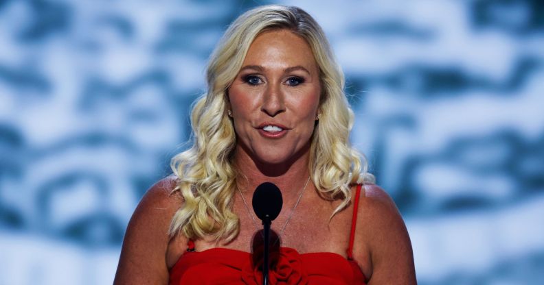 Rep. Marjorie Taylor Greene (R-GA) speaks on stage on the first day of the Republican National Convention at the Fiserv Forum on July 15, 2024 in Milwaukee, Wisconsin.