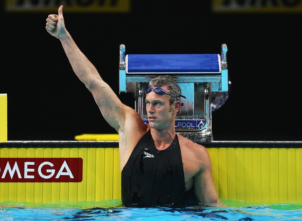 Mark Foster competing in 2008, he's in the pool holding his thumb up