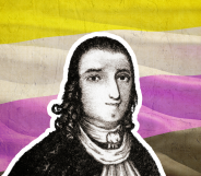 An illustration of a historical figure with the yellow, white, pink and black colours of the non-binary flag behind it