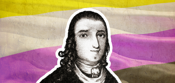 An illustration of a historical figure with the yellow, white, pink and black colours of the non-binary flag behind it