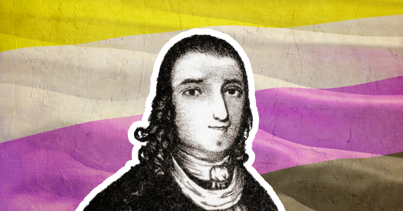 An illustration of a historical figure with the yellow, white, pink and black colours of the non-binary flag behind it