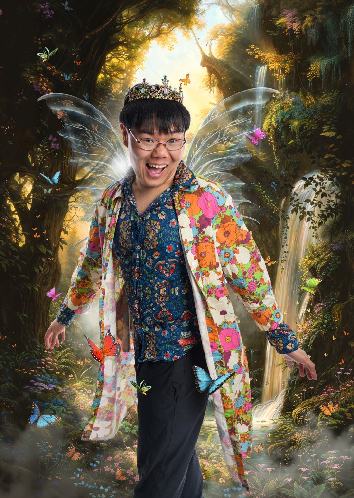 Otter Lee: Princess Syndrome. Otter on a backgroup of an enchanted waterfall with butterflies aroudn them, they're wearing a crown and a floral shirt and overcoat.