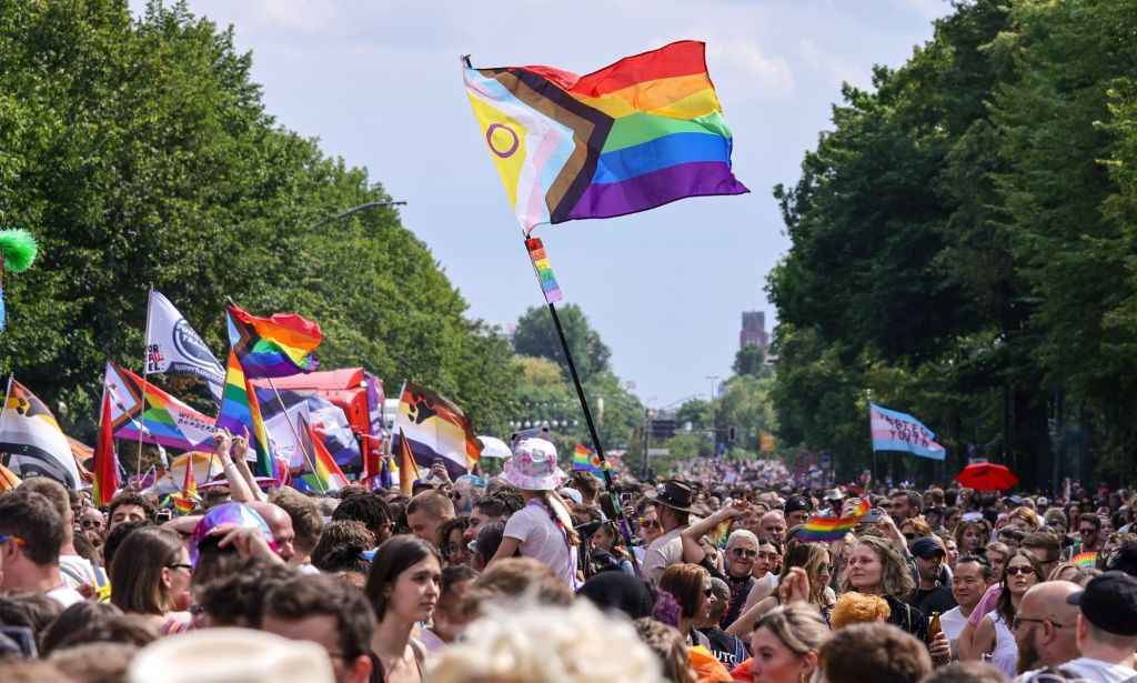 A protestor waving a Pride flag during a Pride parade.