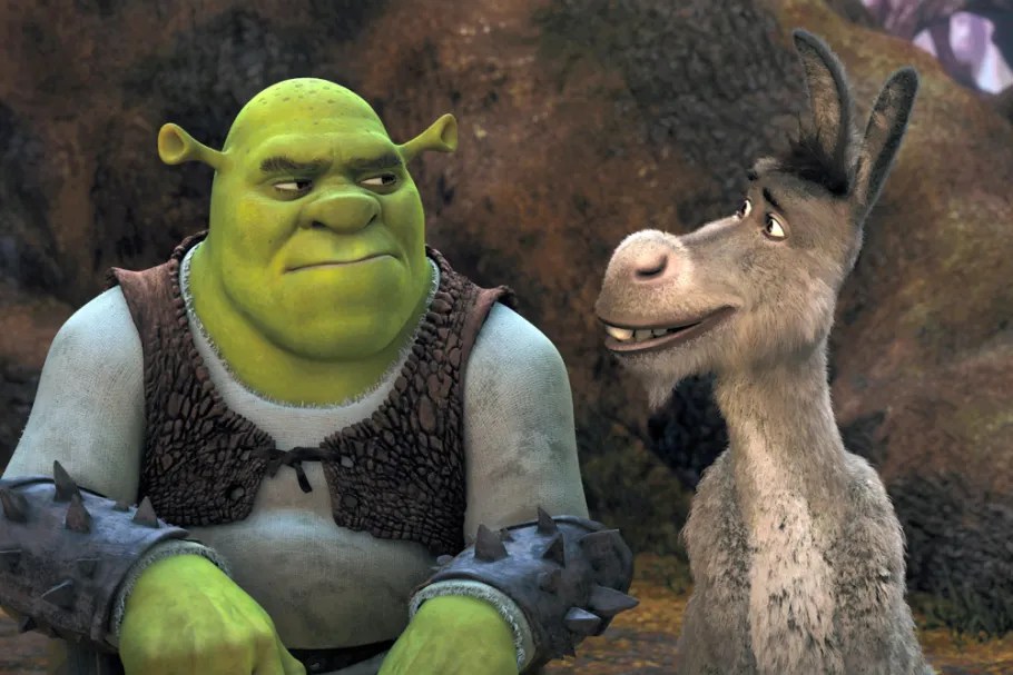 Shrek looking grumpy at a smiling donkey