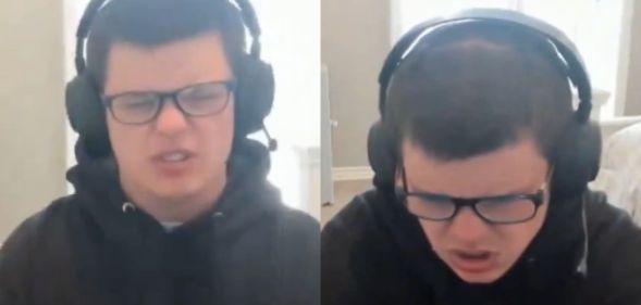 A split image of Kylie Cox, better known as Sketch, in a livestream video in which he addressed his gay porn OnlyFans past following a leaked video