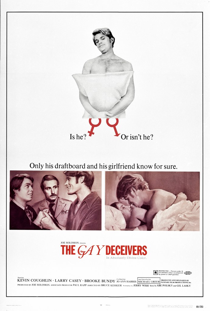 One-sheet movie poster advertises The Gay Deceivers. The film starred Kevin Couglin, Lawrence Casey, and Brooke Bundy.