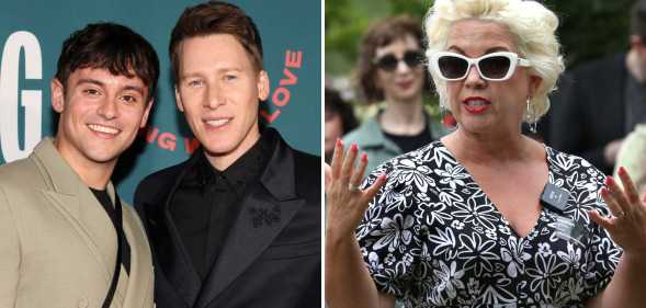 Tom Daley (left) and husband Dustin Lance Black (right) welcomed their two children via surrogacy. Pictured right: Gender critical activist Posie Parker