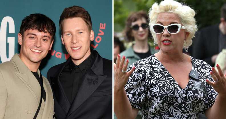 Tom Daley (left) and husband Dustin Lance Black (right) welcomed their two children via surrogacy. Pictured right: Gender critical activist Posie Parker