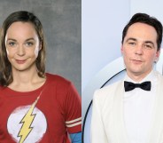 Edited photo of Sheldon with long hair and a lightning bolt red t-shirt and Jim Parsons in a white suit with a black bowtie.