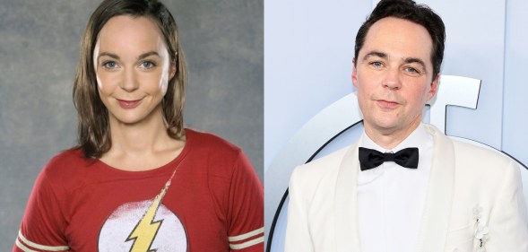 Edited photo of Sheldon with long hair and a lightning bolt red t-shirt and Jim Parsons in a white suit with a black bowtie.