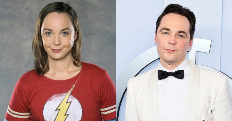 Edited photo of Sheldon with long hair and a lightning bolt red t-shirt and Jim Parsons in a white suit with a black bowtie.