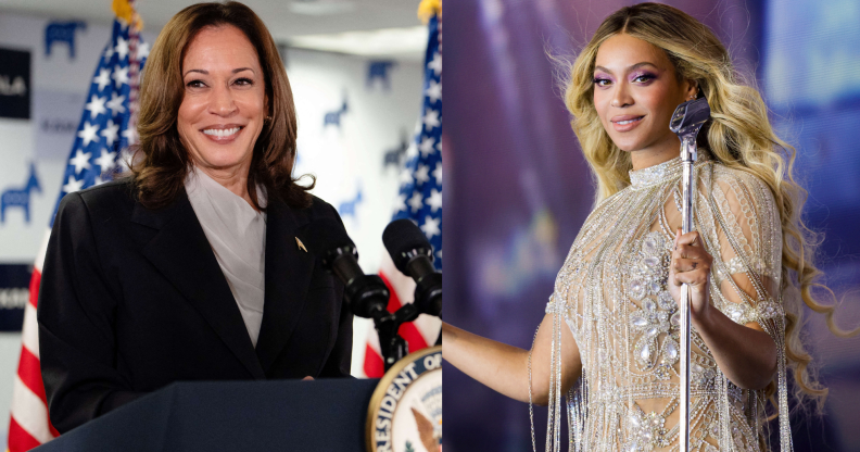 Split photo of Kamala Harris and Beyoncé