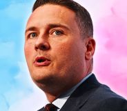 An edited image of Wes Streeting against the colours of the trans flag