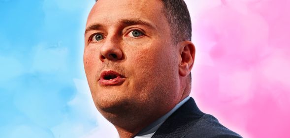 An edited image of Wes Streeting against the colours of the trans flag