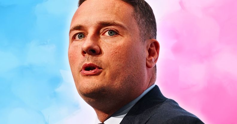 An edited image of Wes Streeting against the colours of the trans flag