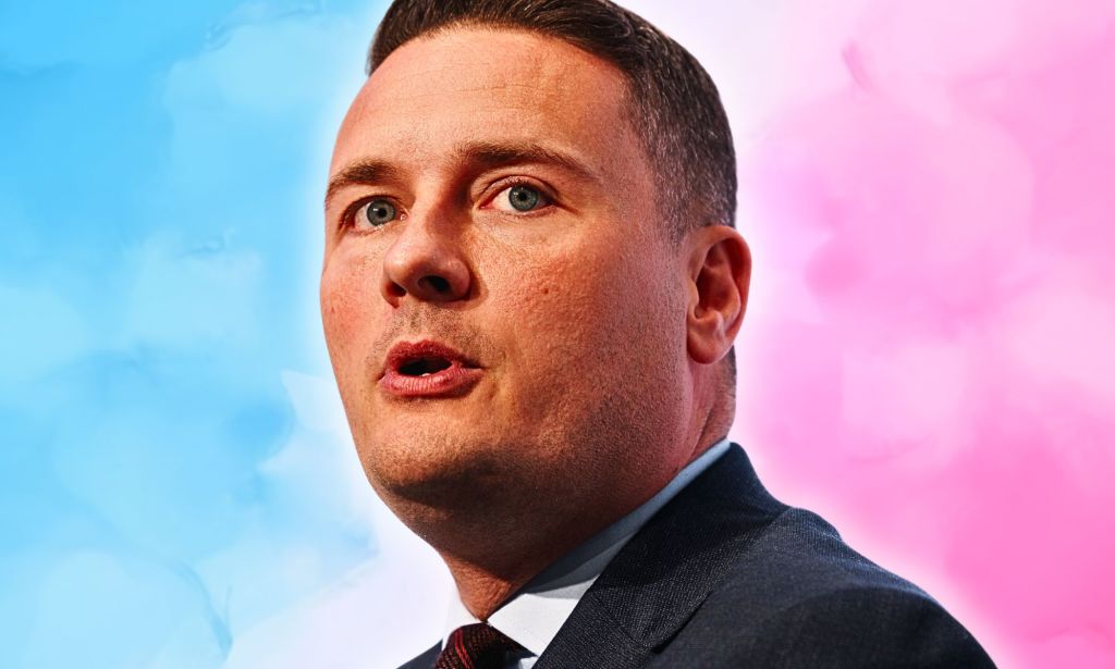 An edited image of Wes Streeting against the colours of the trans flag