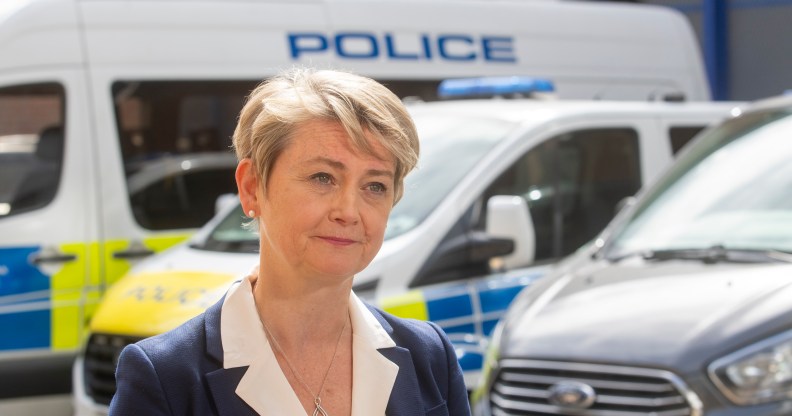 Home Secretary Yvette Cooper is seen at Lewisham Police Station during a visit to discuss neighbourhood policing.