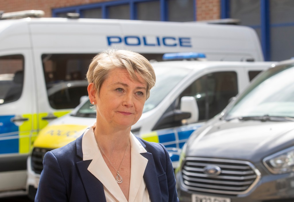 Home Secretary Yvette Cooper is seen at Lewisham Police Station during a visit to discuss neighbourhood policing.