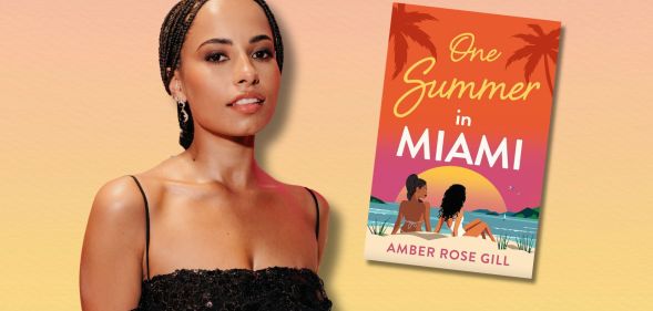 Amber Gill against a yellow pink background alongside her book One Summer In miami.