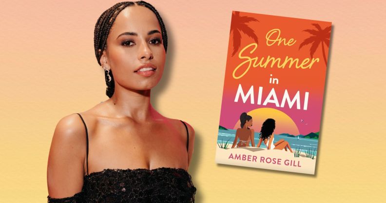 Amber Gill against a yellow pink background alongside her book One Summer In miami.