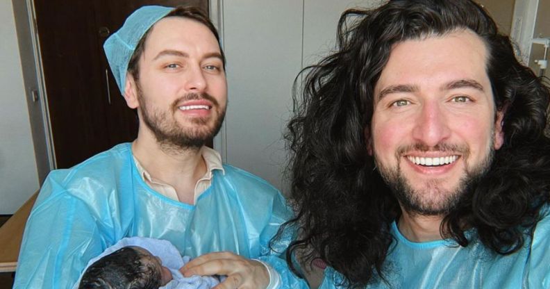 Brian Dowling (left) and Arthur Gourounlian (right) with their new baby