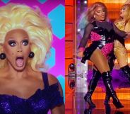 RuPaul (left) gagging at a lip-sync. Two drag race competitors (right_ lip-sync in an unaired battle.