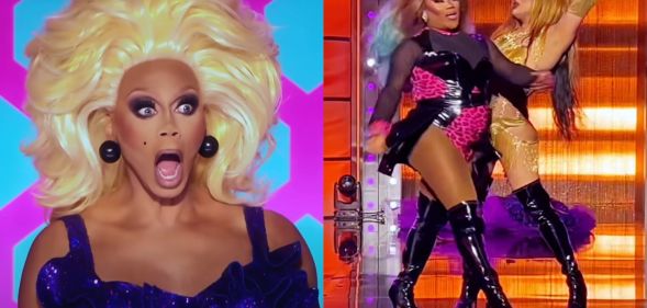 RuPaul (left) gagging at a lip-sync. Two drag race competitors (right_ lip-sync in an unaired battle.