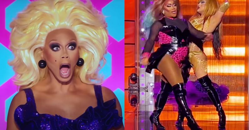 RuPaul (left) gagging at a lip-sync. Two drag race competitors (right_ lip-sync in an unaired battle.