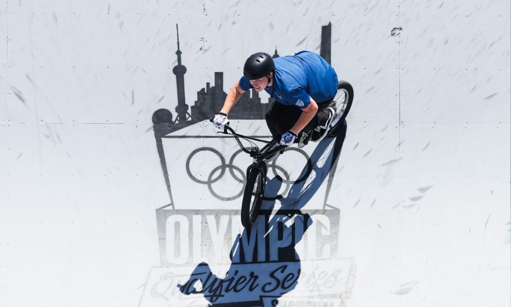 LGBTQ+ BMX rider Hannah Roberts on her bike during the Olympics Qualifying event