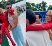 Jonathan Bailey and Andrew Scott carry Kylie Minogue to her BST Hyde Park show.